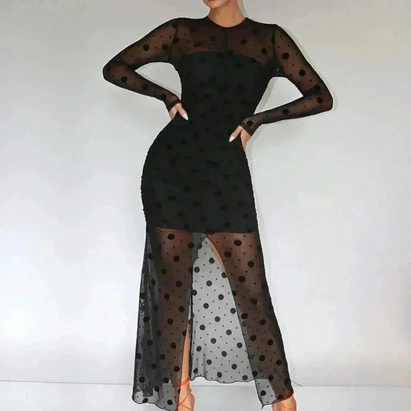 Black Preppy Womens Polka Dot Print Split Thigh Mesh Dress - Picture 3 of 5